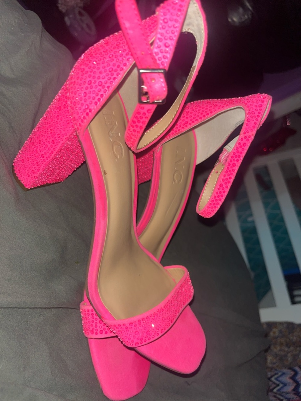 INC International Concepts Hot Pink Crystal Embellished Block Heels